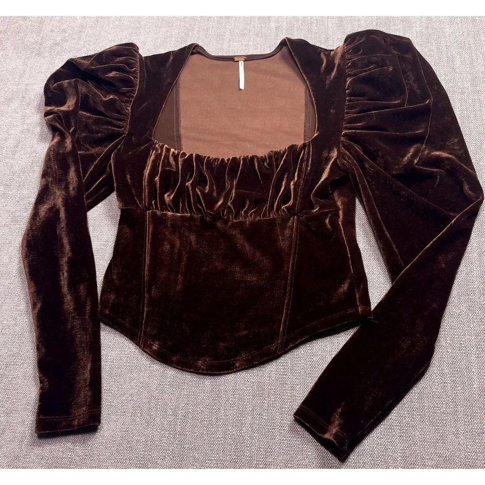 Free People Hold Me Velvet Top Womens Small Brown Exaggerated Puff Sleeves